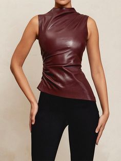 Sizing: True to size  Material composition: 95% Polyester, 5% Polyurethane (pu)  Clothing type: S  Collar: Turtleneck  Material: PU  Pattern: Solid  Fabric elasticity: Slight elasticity  Season: Spring-Summer  Weaving type: other  Style: Leisure  Weight: 220 g  Pocket: No pockets Size Chart(inch) Size US UK Length Bust Waist  S 4 8 26 30-35 26 M 6 10 26 32-36 27 L 8 12 26 33-38 29 XL 10 14 27 35-39 30 -chiquechics Leather Tank Top, Pleat Top, Corset Crop Top, Stylish Party, Asymmetrical Tops, Solid Clothes, Outfit Casual, Look Chic, Corset Top