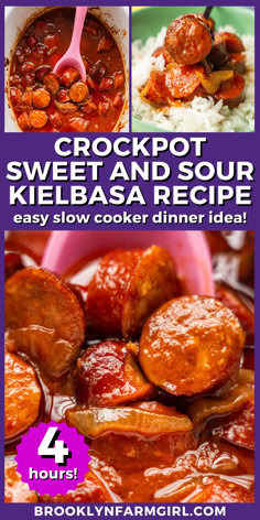 overhead shot of the kielbasa in a deep red sauce in a slow cooker next to a shot of the kielbasa and sauce over rice Sweet Sour Kielbasa Crock Pot, Sweet And Spicy Kielbasa Crock Pot, Sweet And Sour Kielbasa Crockpot, Kielbasa Slow Cooker Recipes, Kielbasa Dinner Ideas, Slow Cooker Kielbasa Recipes, Kielbasa Slow Cooker, Brown Rice Slow Cooker, Sweet And Sour Kielbasa