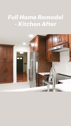 a kitchen with wooden cabinets and stainless steel appliances