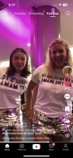 two women in t - shirts that are on a video chater with the caption'friends following you '