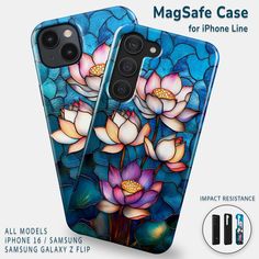 two phone cases with flowers on them and the text magsafe case for iphone line