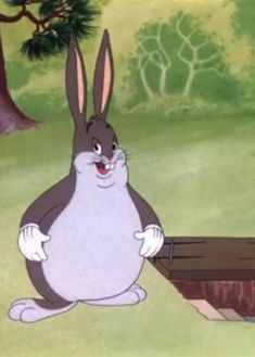 an animated rabbit sitting on top of a wooden bench