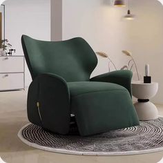 a green recliner chair sitting on top of a rug