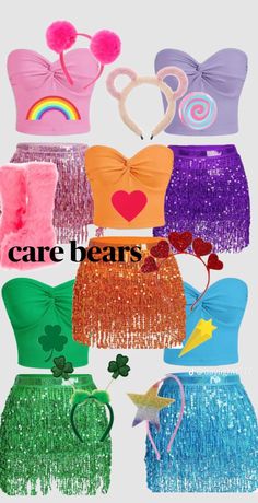 several different types of sequins and bows on top of each other with the words care bears written above them