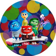 an image of cartoon characters on a skateboard in the middle of a colorful background