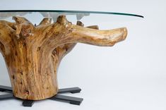 a wooden table with glass top sitting on metal legs and an animal's head sticking out of it