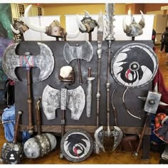 an assortment of viking themed items on display