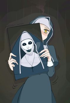 a woman in a nun costume holding up a mirror