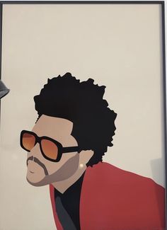 a painting of a man wearing sunglasses and a red jacket is hanging on the wall