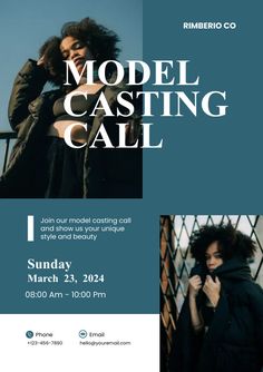 the model casting call flyer is shown with an image of a woman in black and white