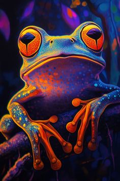 a painting of a frog sitting on top of a tree branch with bright colored eyes