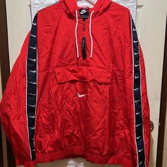 Mens Xl Red Nike Half Zip Pullover Windbreaker. New With Tags Never Worn. Hooded With Front Zip And Velcro Pocket. Make An Offer! :) Sporty Red Windbreaker With Drawstring Hood, Red Windbreaker With Drawstring Hood For Outdoor Activities, Red Sporty Windbreaker With Adjustable Hood, Red Windbreaker With Drawstring Hood For Outdoor, Red Windbreaker With Drawstring Hood For Fall, Red Hooded Windbreaker With Drawstring Hood, Red Hooded Windbreaker With Drawstring, Red Fall Windbreaker With Drawstring Hood, Red Sportswear Windbreaker For Winter