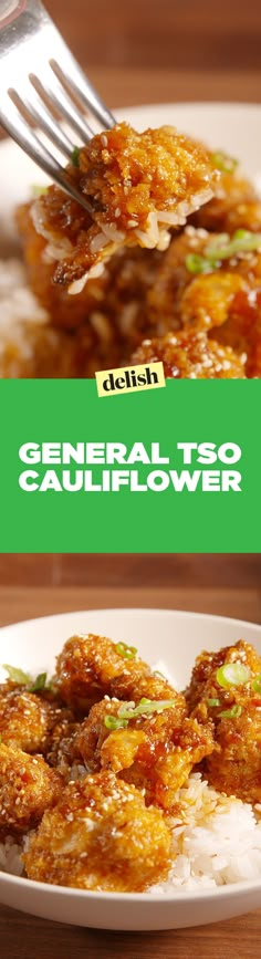 a white plate topped with fried food next to rice and a green sign that reads general zest cauliflower