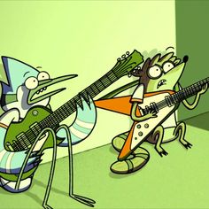 two cartoon characters are playing guitars in the same room, one is holding an electric guitar