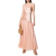 This Is A Gorgeous Alberta Ferretti Pink Silk Blend Sleeveless Maxi Slip Dress Featuring Lace Inserts, Spaghetti Straps, A Sweetheart Neckline, Floor Length Pleated Skirt, And Back Lace Cut Out Detail. Designer: Alberta Ferretti Retail: $3,895 Size: It 38, Us 2 Measurements: Length: 58.5", Bust: 36“, Hips: 36”, Waist: 32" Material: 76% Polyester, 24% Silk. Color: Pink Item Condition: Excellent. Exterior: Excellent. There Are 2 Water Stains 0.5" & 0.25" On Back Of Dress At The Midsection Of The Pleats. There Are Also Minor Signs Of Wear/Pilling On Silk Top From Trying On. Dress Was Used In A Photoshoot Once. Interior: Pristine. Notes: Model Typically Wear Size 2. Material Has Stretch On Cocktail Slip Dress With Lace Trim, Tank Maxi Dress, Maxi Slip Dress, Maxi Tank Dress, Silk Slip, Alberta Ferretti, Lace Tank, Pink Silk, Silk Top