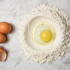 eggs and flour in a bowl on a table