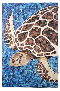 a painting of a sea turtle in blue and brown mosaics on a white background