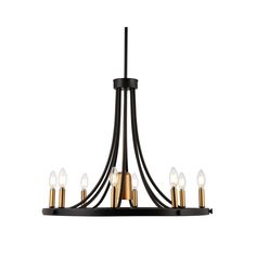 a black and gold chandelier with five lights on it's sides, hanging from the ceiling