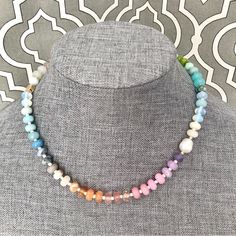 Best Selling Unique Mother's Day Or Birthday Gift: Rainbow Gemstone Candy Necklaces With Pearls And Gold Accents. Perfect Summer, Versatile Accessory! Similar To Top Selling One At Anthropologie (Except These Have Sturdier Clasps, Pearl, Fun Accent Beads). - Nwt - Reversible: Can Be Worn In Front Or Back - Measures 16-17” - Free Clear Heart Pendant! - Comes In Jewelry Bag - More On Etsy Shop (Madelasvegas) - Bundle To Message Questions! *See Darker Necklaces In Closet (Last Pic) Rainbow Gemstone Beads Necklace For Gift, Rainbow Crystal Necklaces With Colorful Beads For Gift, Necklaces With Pearls, Pastel Rainbow Necklace, Multi-strand Crystal Necklace With Colorful Beads As A Gift, Lv Jewelry, Rainbow Necklaces With Heart-shaped Beads, Crystal Candy, Clear Heart