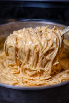 a spoon full of noodles in a bowl