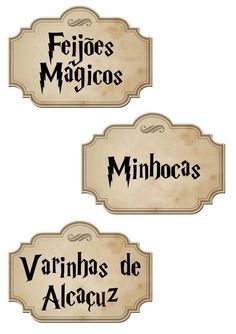 two signs with spanish writing on them that read fejos magicos, minhocas, and varnhas de alcaz