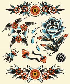 an old school tattoo design with flowers and birds