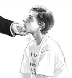 a black and white drawing of a boy being handed something by a man in a suit