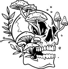 a black and white drawing of a skull with mushrooms