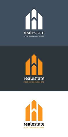 the real estate logo is shown in three different colors and font, as well as an arrow