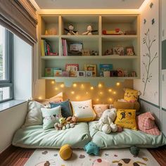 a child's room with lots of toys and bookshelves on the shelves