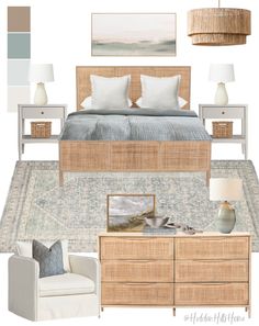 a bedroom is shown with neutral colors and furniture