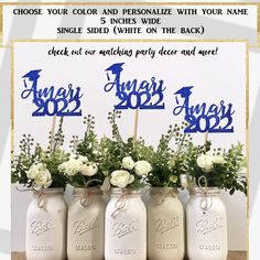 four mason jars with flowers in them and the words, choose your color and personalize with your name