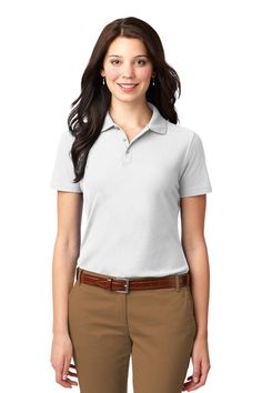 Shop Port Authority L510 in White & get instant bulk discounts. | Ships Fast | Award-Winning Customer Service. Professional Wear, Port Authority, Work Wear Women, Polo Shirt Women, Short Sleeve Polo, Sports Shirts, Work Wear, Polo Shirt, Stain