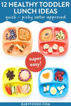 two healthy toddler lunches with text overlay that reads, 12 healthy toddler lunch ideas quick - picky eater approved