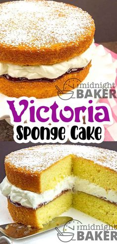 victoria sponge cake with white icing and powdered sugar on top is cut in half