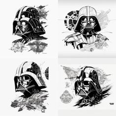 four black and white illustrations of darth vader helmets with splashes on them