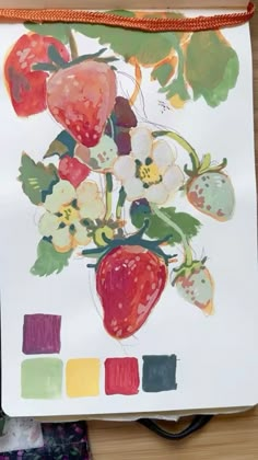 a drawing of strawberries and flowers in a vase with color swatches on the table