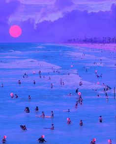 many people are swimming in the ocean at sunset or sunrise, with pink and purple hues