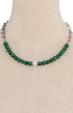 Silvery chains, polished stone beads, and a single imitation pearl surround your collar on this chic day-to-night necklace. Lobster clasp Silvertone plate, malachite stone, imitation pearl Imported Stone Bead Necklace, Night Necklace, Crochet Beaded Necklace, Malachite Necklace, Pearl Stone, Trending Necklaces, Stone Beaded Necklace, Malachite Stone, Bead Jewellery