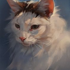 a painting of a white cat with orange ears