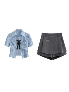 ❤︎Striped ribbon blue blouse + shorts skirt❤︎ Shorts Skirt, Striped Ribbon, Retro Lighting, College Fashion, Blue Blouse, Winter Collection, Summer Collection, Two Piece, Ribbon