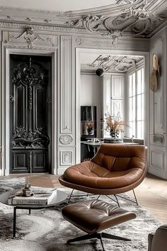 a living room filled with furniture and a large mirror on the wall above it's doorway