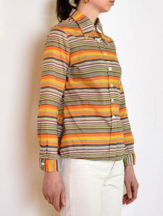 70's Striped Blouse Orange Yellow Geometric Print - Etsy Poland Orange Retro Style Relaxed Fit Shirt, Orange Retro Relaxed Fit Shirt, Retro Orange Relaxed Fit Shirt, Orange Relaxed Fit Retro Shirt, Fitted Orange Cotton Shirt, Fitted Vertical Stripes Top For Fall, Fitted Tops With Vertical Stripes For Fall, Orange Cotton Top With Retro Print, Orange Fitted Collared Shirt