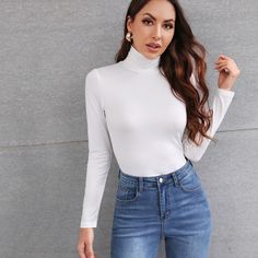 White Basics  Long Sleeve Polyester Plain   High Stretch Spring/Fall Women Tops, Blouses & Tee Turtleneck T Shirt, Stil Elegant, High Neck Sweater, Womens Turtleneck, High Neck Long Sleeve, Style Noir, Trendy Fashion Women, Fall Outfits Women, Crop Shirt