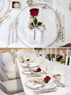 the table is set with white linens and silverware as well as red roses