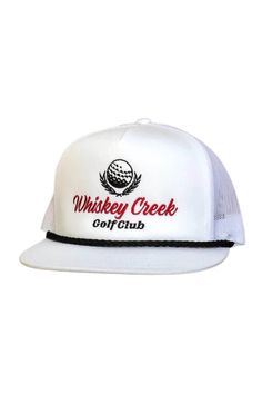 This Whiskey Bent Whiskey Creek Golf Trucker Hat for Men in White is the perfect for those golf days. The golf graphic on front, flat brim, and mesh backing give off a bold yet relaxed vibe, making it the ultimate men's hat. Features: Whiskey Bent Style: WSKYCRKW Color: White 47% cotton, 25% polyester, 28% nylon Men’s hats, trucker hat Whiskey Bent golf club read on front 5-panel cap with buckram front lining, classic back, quilted comfort sweatband Flat visor, however, is shapeable 4" crown, 8 Golf Hats Mens, Hats Trucker, Golf Graphic, Men In White, Royal Eagle, Par Tee, Nfl Hats, Mens Trucker Hat, Golf Day