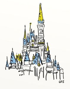 a drawing of a castle with yellow and blue spires