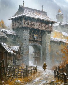 a painting of a man walking in front of an old building on a snowy day