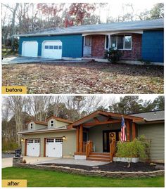 before and after photos of a house with garage doors open, the front is painted blue