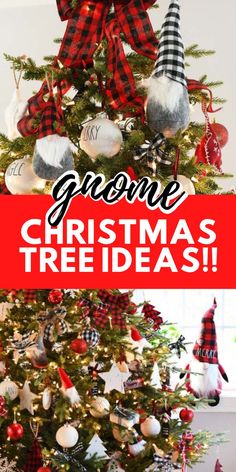 A red, black, and white buffalo plaid tree with gnomes. Gnome Ornaments Christmas Tree, Gnome Themed Christmas Tree Ideas, Gnome Christmas Tree Theme, Black White And Red Christmas Tree, Plaid Gnome Christmas Tree, Gnome Themed Christmas Tree, Gnome Christmas Tree Ideas